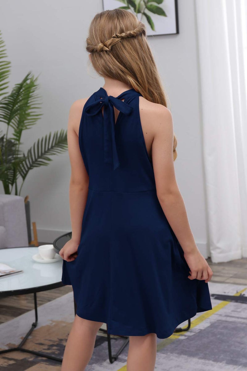 GORLYA Girl's Halter Neck Cold Shoulder Sleeveless Summer Casual Sundress A-line Dress with Pockets (GOR1013, 14Y, Navy) - Image 2